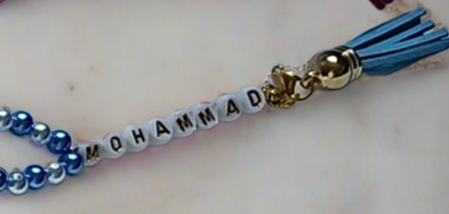Personalised Islamic prayer beads with custom alphabet name in blue colour