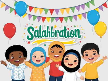 An illustration of a group of diverse children smiling and celebrating with balloons and party elements, with the text 'Salahbration' prominently displayed.