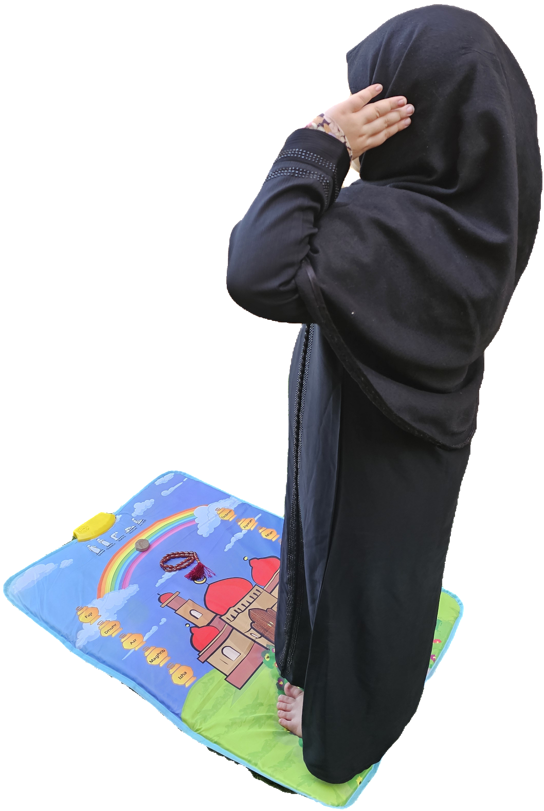 Child using interactive Shia prayer mat with touch-sensitive audio controls