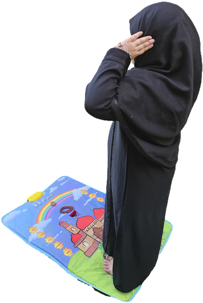 Child using interactive Shia prayer mat with touch-sensitive audio controls