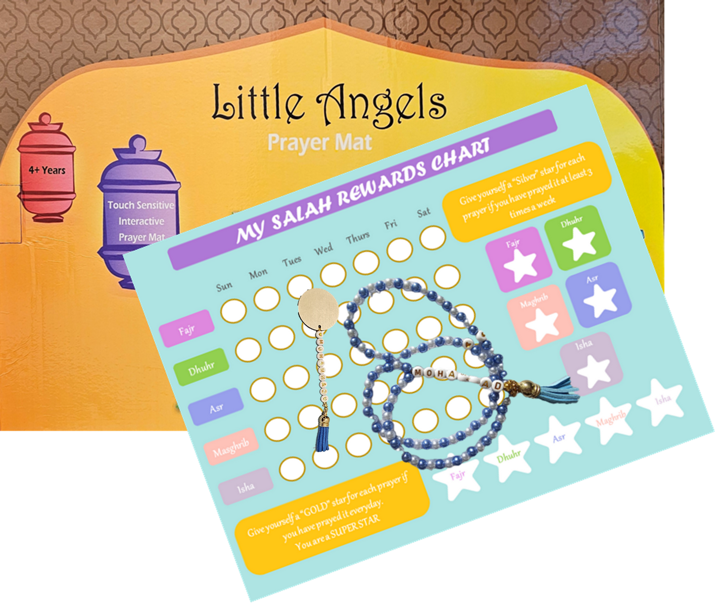 Salah bundle for kids with prayer mat, personalised tasbeeh, mohr, and salah reward chart