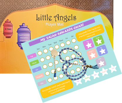 Salah bundle for kids with prayer mat, personalised tasbeeh, mohr, and salah reward chart