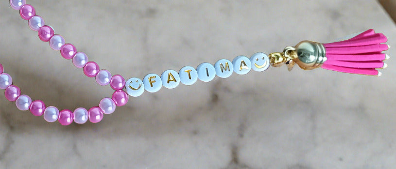 Personalised Islamic prayer beads with custom alphabet name in pink colour