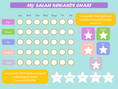 Salah rewards chart for Muslim children with colorful layout