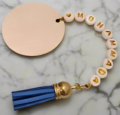 Customised Shia mohr made of wood with name beads and tassel